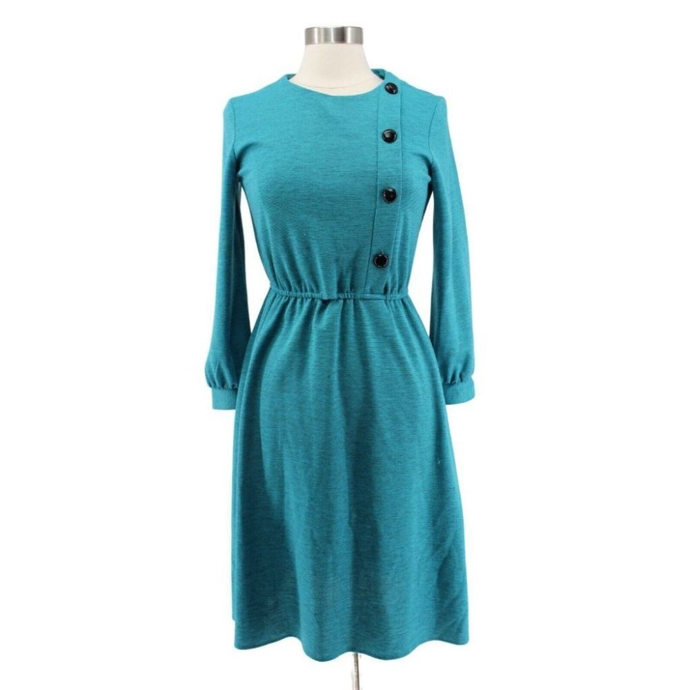 Vintage 70s Cora's Closet Turquoise Wool Elastic Waist Deco Buttons Dress Size S